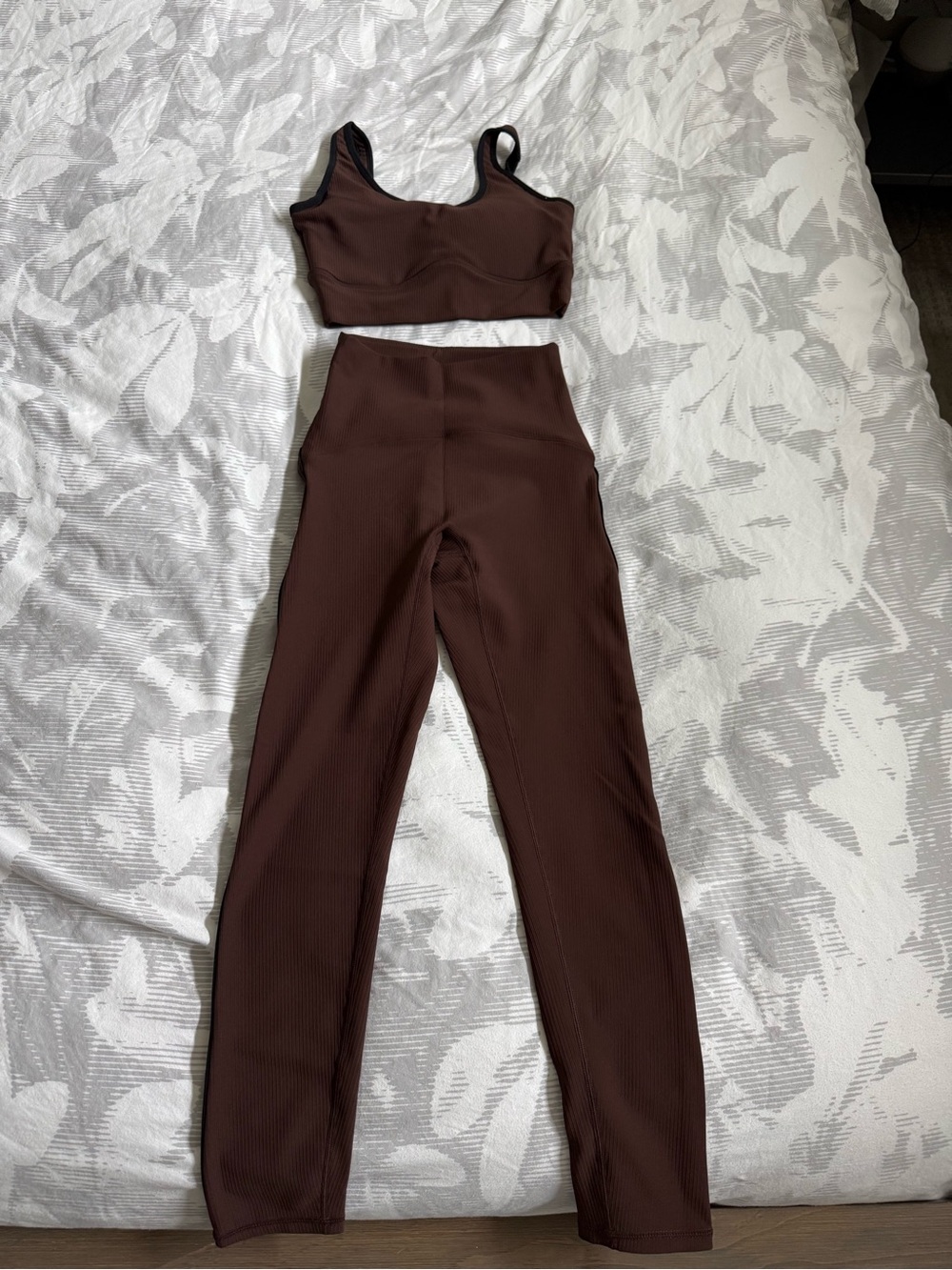 Salt Project Power Piped Ribbed Leggings & Bra Set, Brown and Black, Small